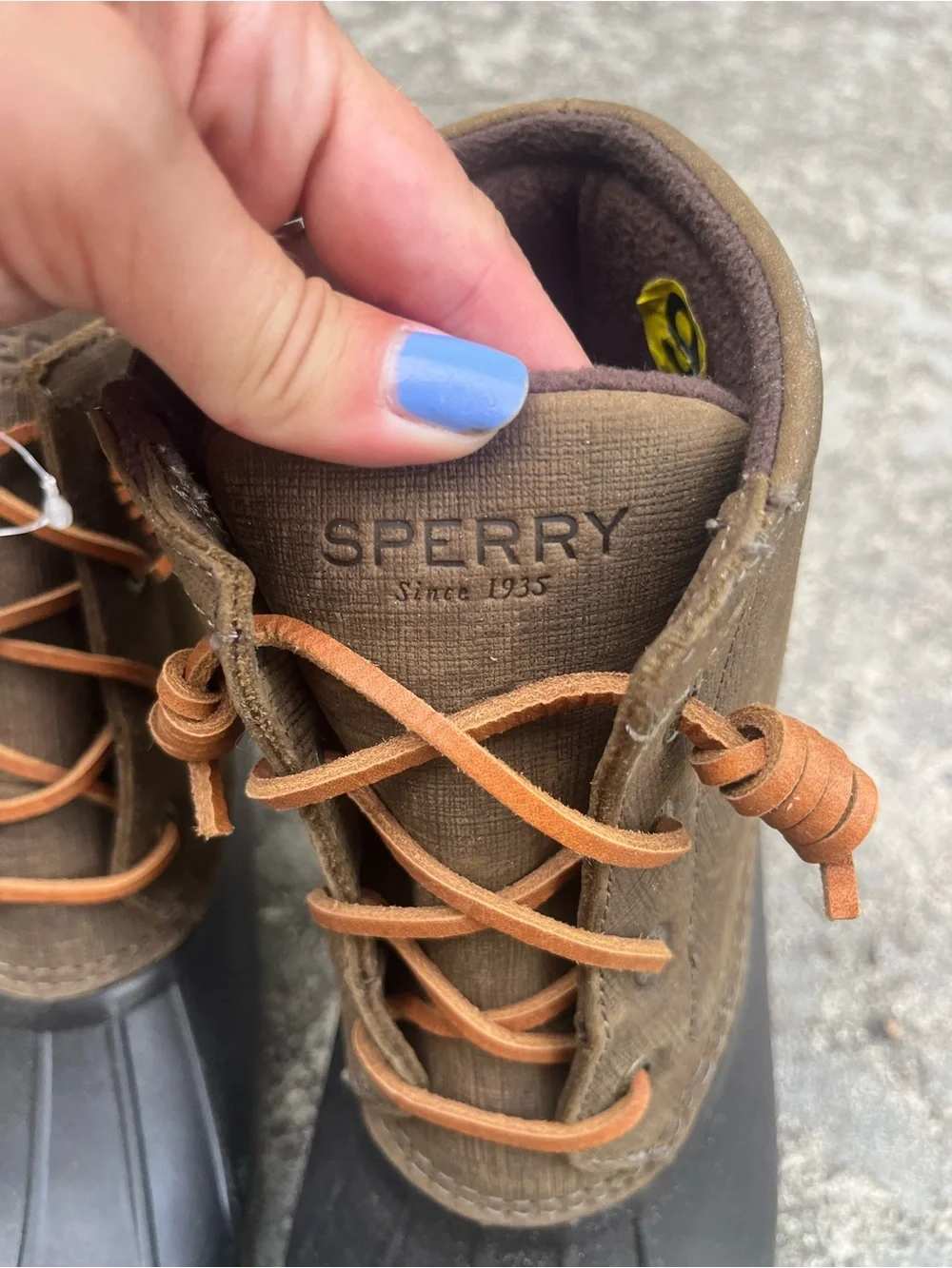 Sperry Brown Canvas + Black Rubber Duck Boots women’s size 9